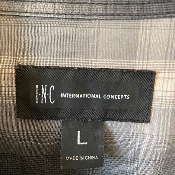 INC L plaid western long sleeve button down t-shirt gray white cotton cowboy - Picture 4 of 7